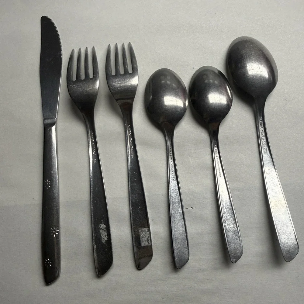 6 Lot Atomic 3 Star Superior Stainless Spoons Forks Knives Night Sky MCM USA